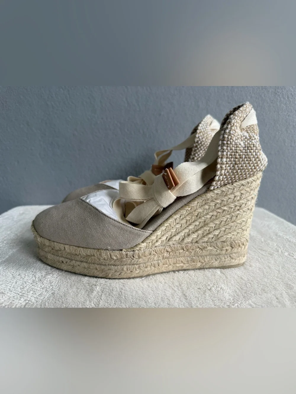 Castaner Espadrille Wedges Sandals s38 Women’s Ivory Lace Up Ankle Ties